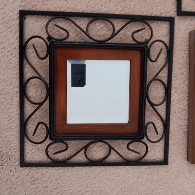ROUND IRON WALL HUNG VOTIVE CANDLE HOLDER & 4 IRON, WOOD AND MIRRORED WALL DECOR