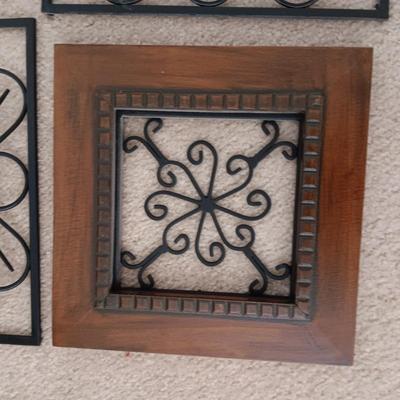 ROUND IRON WALL HUNG VOTIVE CANDLE HOLDER & 4 IRON, WOOD AND MIRRORED WALL DECOR