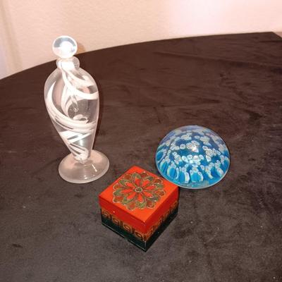 GLASS PERFUME BOTTLE WITH STOPPER, GLASS PAPERWEIGHT AND TRINKET BOX