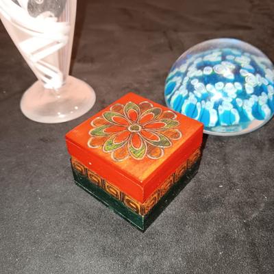 GLASS PERFUME BOTTLE WITH STOPPER, GLASS PAPERWEIGHT AND TRINKET BOX