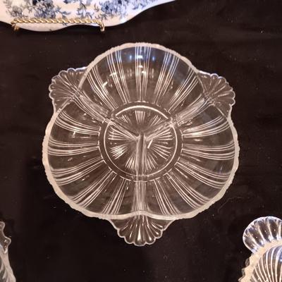 NEW WHARF POTTERY PLATTER, CRYSTAL RELISH DISHES AND A VINTAGE SALT CONTAINER