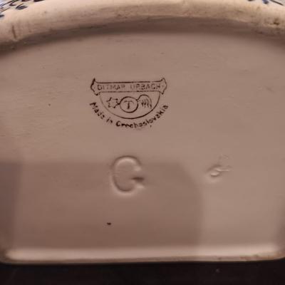 NEW WHARF POTTERY PLATTER, CRYSTAL RELISH DISHES AND A VINTAGE SALT CONTAINER