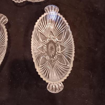 NEW WHARF POTTERY PLATTER, CRYSTAL RELISH DISHES AND A VINTAGE SALT CONTAINER