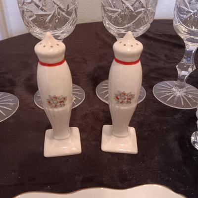 2 CRYSTAL FOOTED BOWLS, STEMMED GLASSES, SHAKERS AND MORE