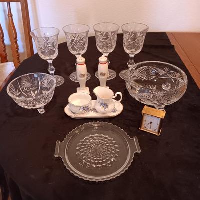 2 CRYSTAL FOOTED BOWLS, STEMMED GLASSES, SHAKERS AND MORE