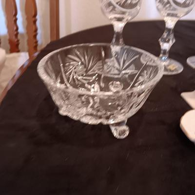 2 CRYSTAL FOOTED BOWLS, STEMMED GLASSES, SHAKERS AND MORE