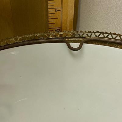 ANTIQUE HAND PAINTED MILK GLASS & ORNATE BRASS HANGING KEROSENE LAMPSHADE