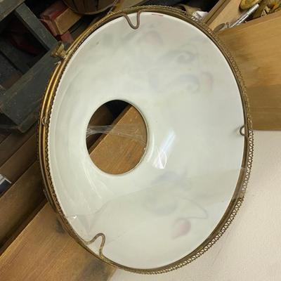 ANTIQUE HAND PAINTED MILK GLASS & ORNATE BRASS HANGING KEROSENE LAMPSHADE