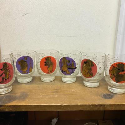 Vintage Cocktail Cartoon Dog Glasses Footed Red Purple Retro Tumblers