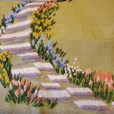 Large Vintage Handmade National Paragon Corp 1974 Needlework Path to Gazebo