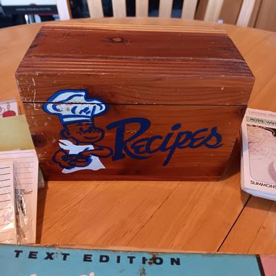 YOSEMITE WOODEN BOX FULL OF RECIPES, BLANK CARDS AND VINTAGE COOK BOOKS