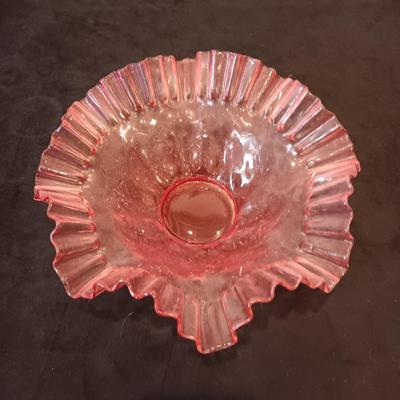 EARLY FENTON BOWL AND VASE WITH RUFFLED RIMS PLUS A GLASS FLOWER