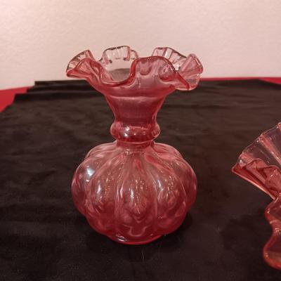EARLY FENTON BOWL AND VASE WITH RUFFLED RIMS PLUS A GLASS FLOWER