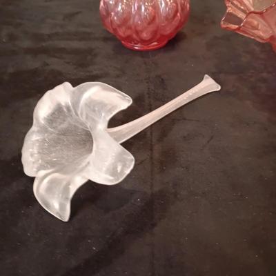 EARLY FENTON BOWL AND VASE WITH RUFFLED RIMS PLUS A GLASS FLOWER