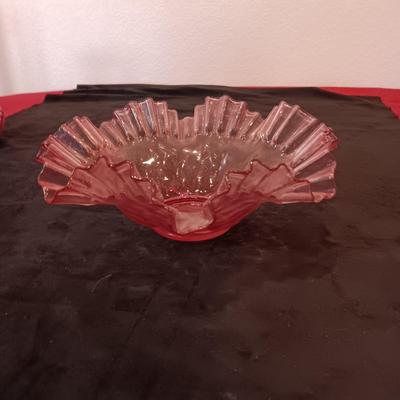 EARLY FENTON BOWL AND VASE WITH RUFFLED RIMS PLUS A GLASS FLOWER