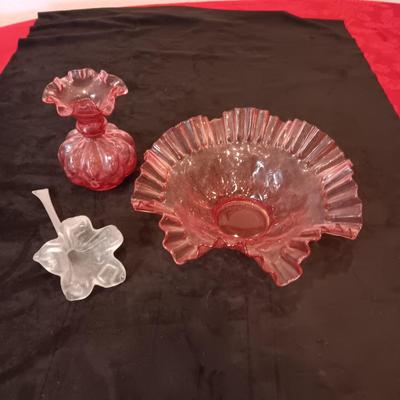EARLY FENTON BOWL AND VASE WITH RUFFLED RIMS PLUS A GLASS FLOWER