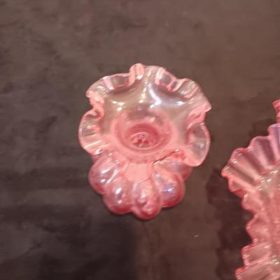 EARLY FENTON BOWL AND VASE WITH RUFFLED RIMS PLUS A GLASS FLOWER