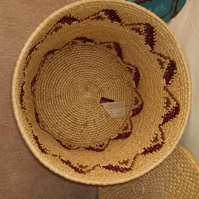 STEEL NATIVE AMERICANS WALL HANGING AND A LARGE WEAVED BASKET WITH A LID