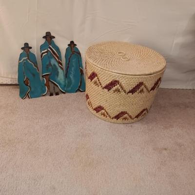 STEEL NATIVE AMERICANS WALL HANGING AND A LARGE WEAVED BASKET WITH A LID