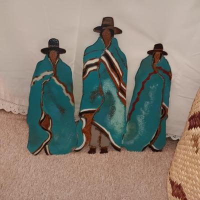 STEEL NATIVE AMERICANS WALL HANGING AND A LARGE WEAVED BASKET WITH A LID