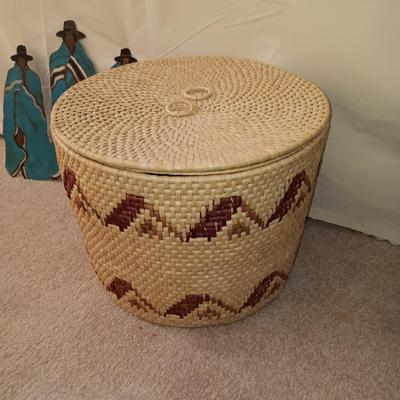 STEEL NATIVE AMERICANS WALL HANGING AND A LARGE WEAVED BASKET WITH A LID