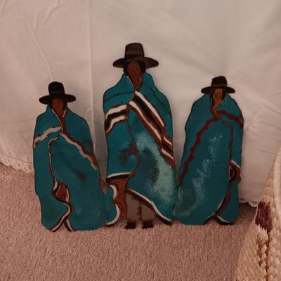 STEEL NATIVE AMERICANS WALL HANGING AND A LARGE WEAVED BASKET WITH A LID
