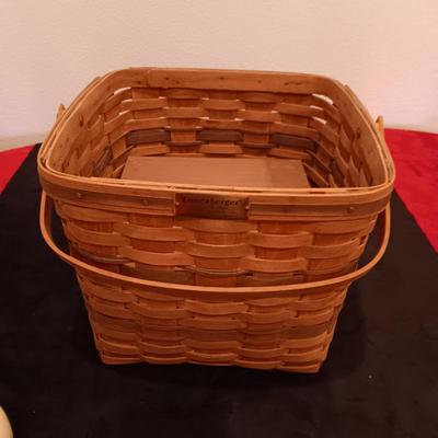 LARGE LONGABERGER BASKET W/LIFT, RIBBONWICK CANDLE AND AN IRIS VOTIVE CANDLE HOLDER