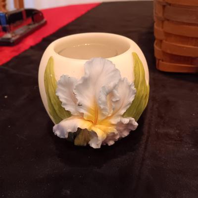 LARGE LONGABERGER BASKET W/LIFT, RIBBONWICK CANDLE AND AN IRIS VOTIVE CANDLE HOLDER