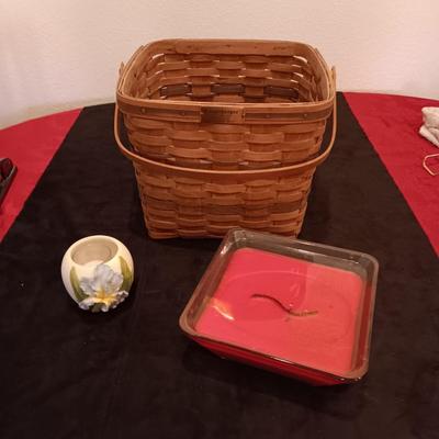LARGE LONGABERGER BASKET W/LIFT, RIBBONWICK CANDLE AND AN IRIS VOTIVE CANDLE HOLDER