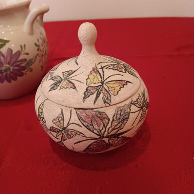 LEFTON MUSICAL TEAPOT, GERMAN TRINKET BOX, POTTERY PIECE FROM PORTUGAL AND BUTTERFLY BOWL WITH LID MARKED "VICTORIA"
