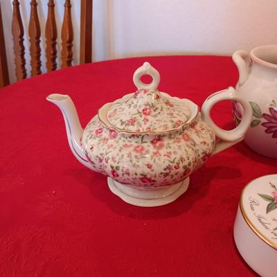 LEFTON MUSICAL TEAPOT, GERMAN TRINKET BOX, POTTERY PIECE FROM PORTUGAL AND BUTTERFLY BOWL WITH LID MARKED "VICTORIA"