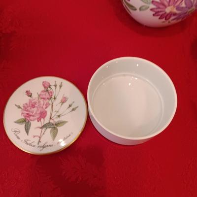 LEFTON MUSICAL TEAPOT, GERMAN TRINKET BOX, POTTERY PIECE FROM PORTUGAL AND BUTTERFLY BOWL WITH LID MARKED "VICTORIA"