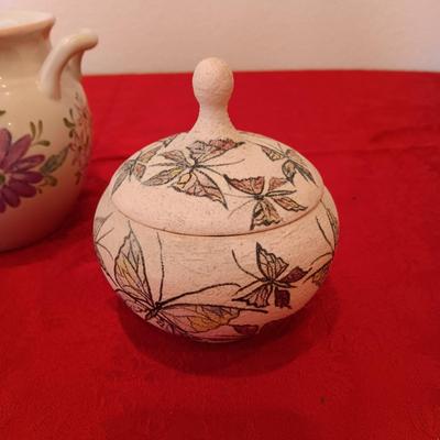 LEFTON MUSICAL TEAPOT, GERMAN TRINKET BOX, POTTERY PIECE FROM PORTUGAL AND BUTTERFLY BOWL WITH LID MARKED "VICTORIA"