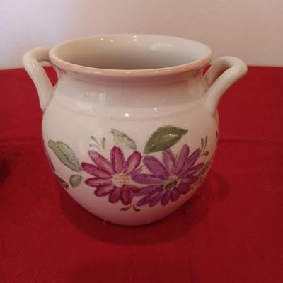 LEFTON MUSICAL TEAPOT, GERMAN TRINKET BOX, POTTERY PIECE FROM PORTUGAL AND BUTTERFLY BOWL WITH LID MARKED "VICTORIA"