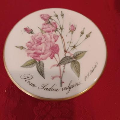 LEFTON MUSICAL TEAPOT, GERMAN TRINKET BOX, POTTERY PIECE FROM PORTUGAL AND BUTTERFLY BOWL WITH LID MARKED "VICTORIA"