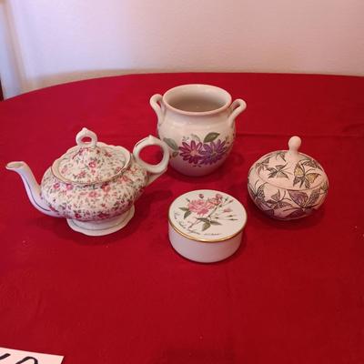 LEFTON MUSICAL TEAPOT, GERMAN TRINKET BOX, POTTERY PIECE FROM PORTUGAL AND BUTTERFLY BOWL WITH LID MARKED "VICTORIA"