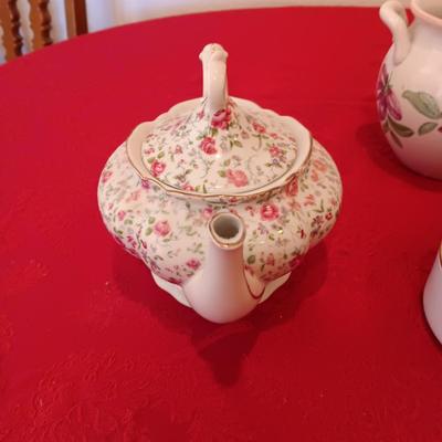LEFTON MUSICAL TEAPOT, GERMAN TRINKET BOX, POTTERY PIECE FROM PORTUGAL AND BUTTERFLY BOWL WITH LID MARKED "VICTORIA"