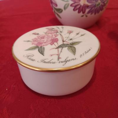 LEFTON MUSICAL TEAPOT, GERMAN TRINKET BOX, POTTERY PIECE FROM PORTUGAL AND BUTTERFLY BOWL WITH LID MARKED "VICTORIA"