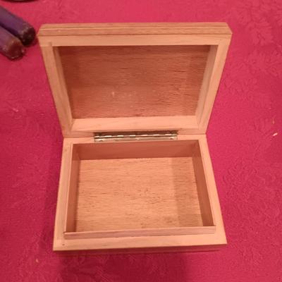 CLAY CANDLE HOLDERS, WOODEN HINGED BOXES, TIN BOX, SMALL BIBLE WITH WOODEN COVER