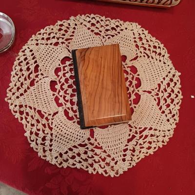 CLAY CANDLE HOLDERS, WOODEN HINGED BOXES, TIN BOX, SMALL BIBLE WITH WOODEN COVER