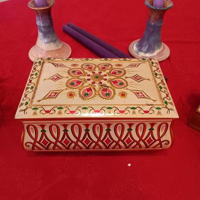 CLAY CANDLE HOLDERS, WOODEN HINGED BOXES, TIN BOX, SMALL BIBLE WITH WOODEN COVER