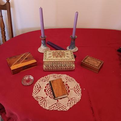 CLAY CANDLE HOLDERS, WOODEN HINGED BOXES, TIN BOX, SMALL BIBLE WITH WOODEN COVER