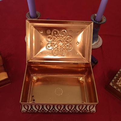 CLAY CANDLE HOLDERS, WOODEN HINGED BOXES, TIN BOX, SMALL BIBLE WITH WOODEN COVER