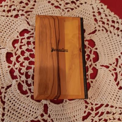 CLAY CANDLE HOLDERS, WOODEN HINGED BOXES, TIN BOX, SMALL BIBLE WITH WOODEN COVER