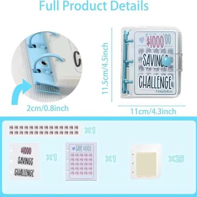 1000 Savings Challenge Binder, Monthly Money Savings Challenges Book with Envelopes, Mini Budget Binder Money Saving Binder (Blue)