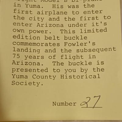 "FLIGHT IN ARIZONA" BRASS BELT BUCKLE AND 2 AVIATION PINS