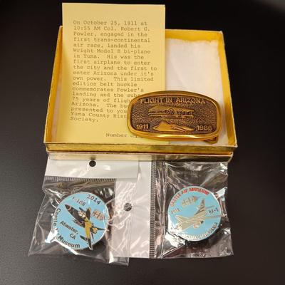 "FLIGHT IN ARIZONA" BRASS BELT BUCKLE AND 2 AVIATION PINS