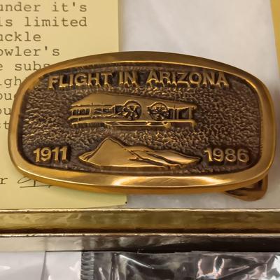 "FLIGHT IN ARIZONA" BRASS BELT BUCKLE AND 2 AVIATION PINS