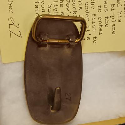 "FLIGHT IN ARIZONA" BRASS BELT BUCKLE AND 2 AVIATION PINS