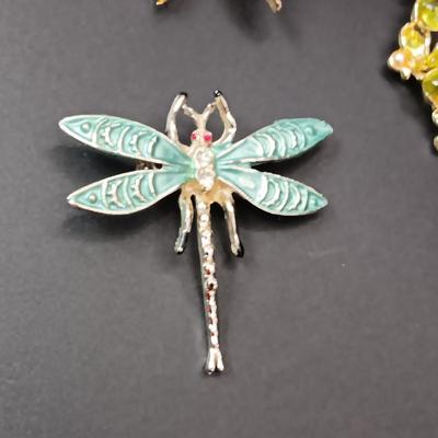 STERLING AND ABALONE BUTTERFLY, FISH, DRAGONFLY AND RING OF GREEN STONES BROOCHES